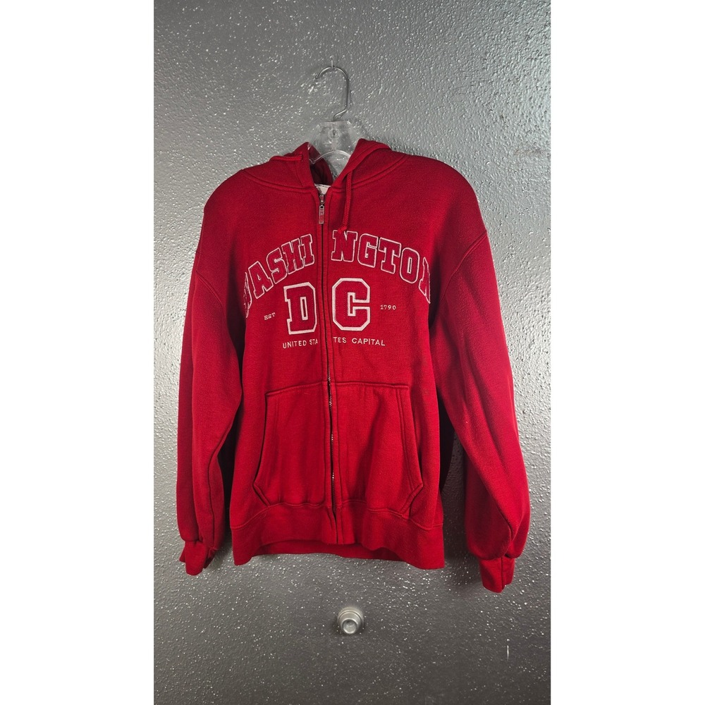 Washington DC Full Zip Hoodie Mens Medium Red Souvenir Fleece Sweatshirt USA